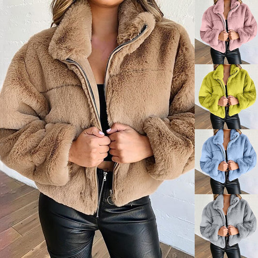 Women's plush short coat with stand-up collar zipper cardigan