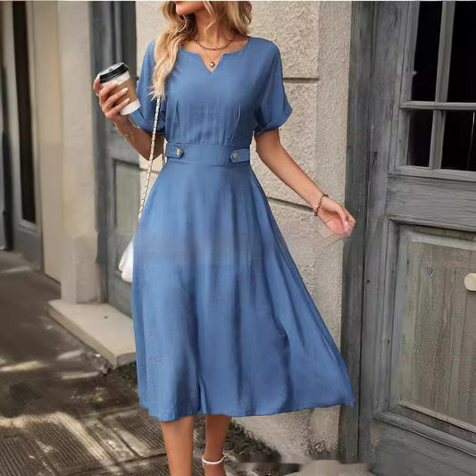 Women's Fashion Short Sleeve Elastic Waist Dress