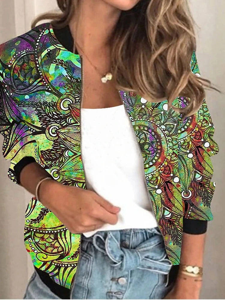 New Loose Stand Collar Cardigan Print Coat Women's Clothing