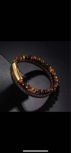 Genuine Leather Stainless Steel Magnetic Buckle Leather Bracelet Natural Tigereye