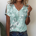 European And American 3d Printed Short Sleeve Summer Floral Button V-neck Ladies T-shirt