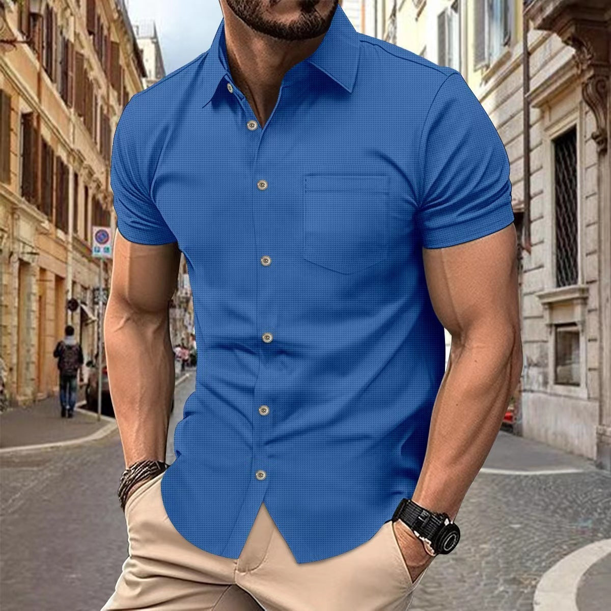 Chest Pocket Button Casual Short-sleeved Shirt