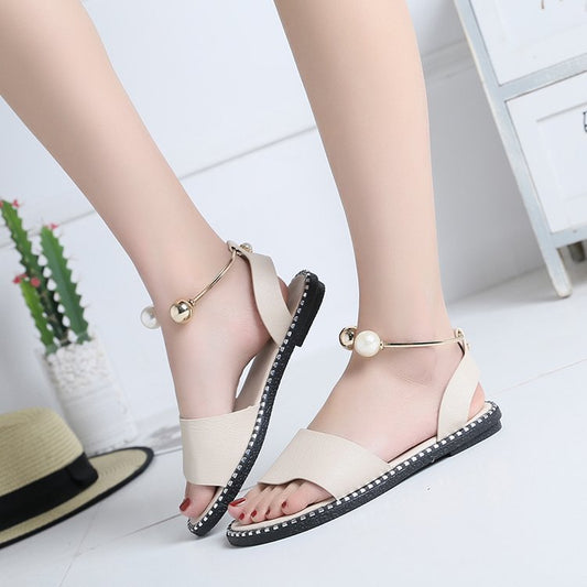 Women Summer Open Toed Simple Flat Roman Style Sandals Pearl Buckle Girl Student Shoes