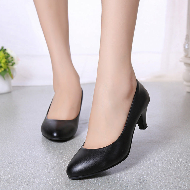 Summer and autumn soft bottom shoes shoes with black female rough heels leather ladies shoes airline stewardess occupation