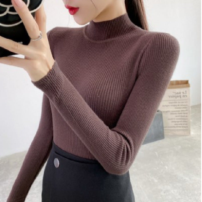 Women's Fashionable All-matching Pure Color Half Collar Slim Knit Bottoming Shirt Top