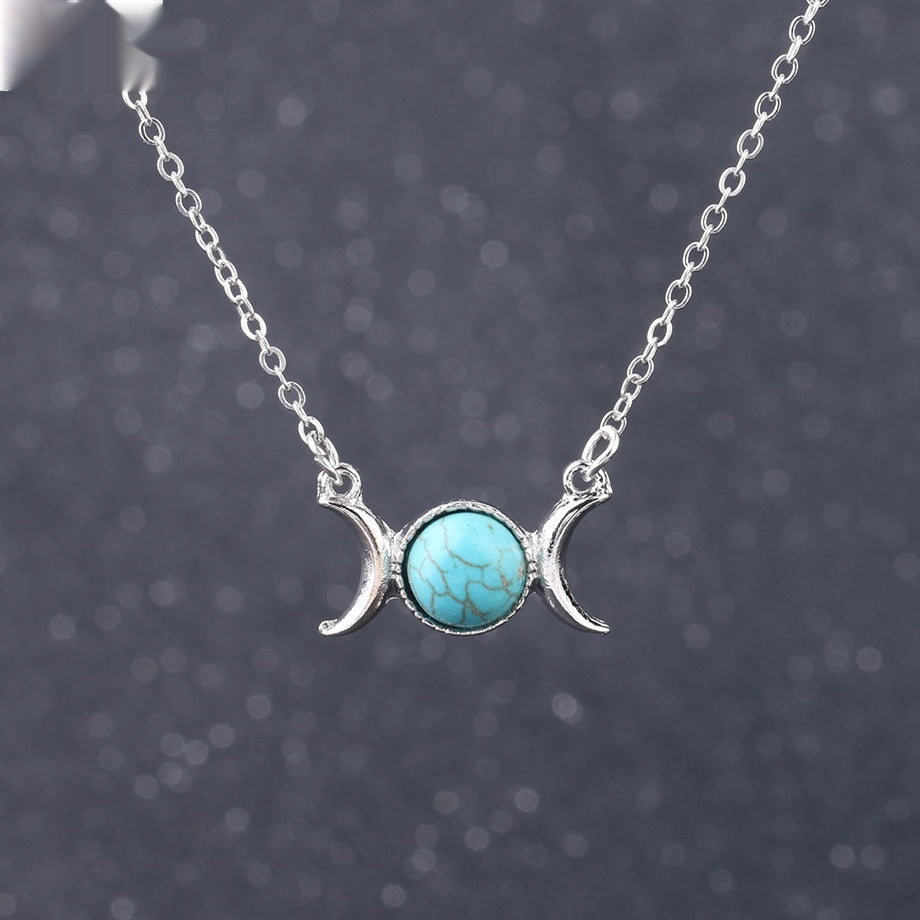 Vintage Crescent Lock Bone Moon Sun Pendant Silver Women's Natural Stone Necklace