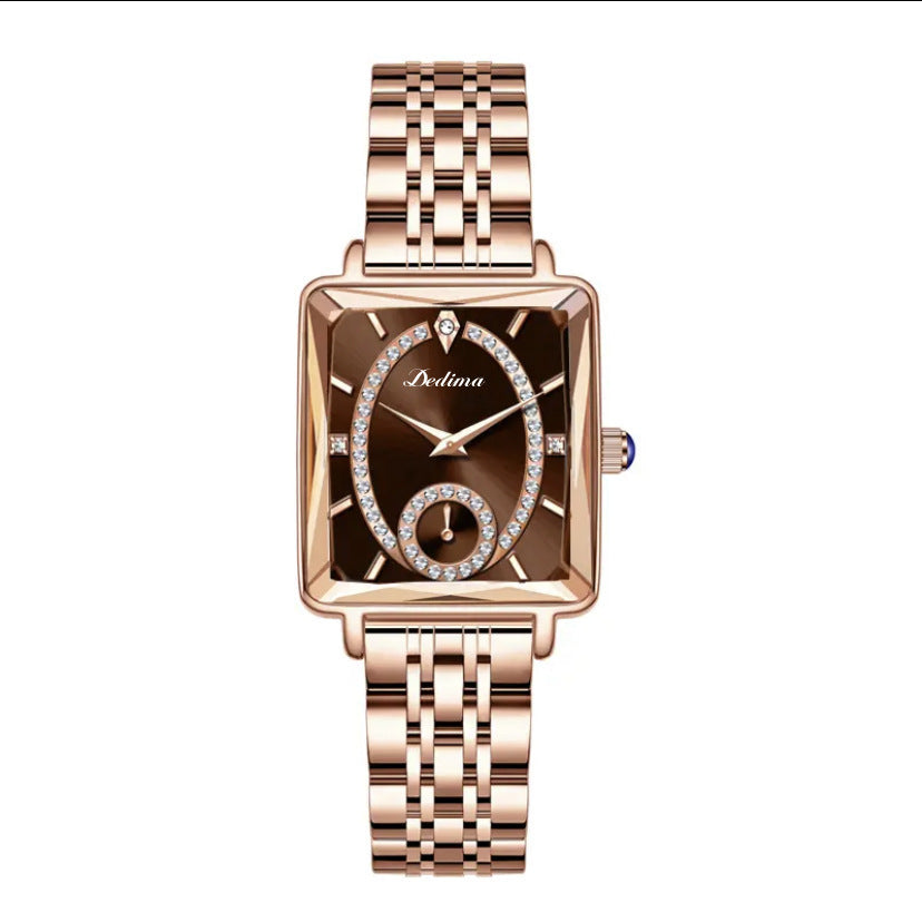 Fashionable Rose Gold Square Women's Diamond Two-pin Half Watch