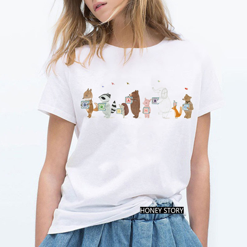 Cute Cartoon Music Zoo Print Lady T-Shirt