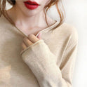 Women's Fashion V-neck Knit Thin Long-sleeved Top T-shirt