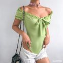 Explosive solid color one-line collar ruffled short-sleeved one-piece