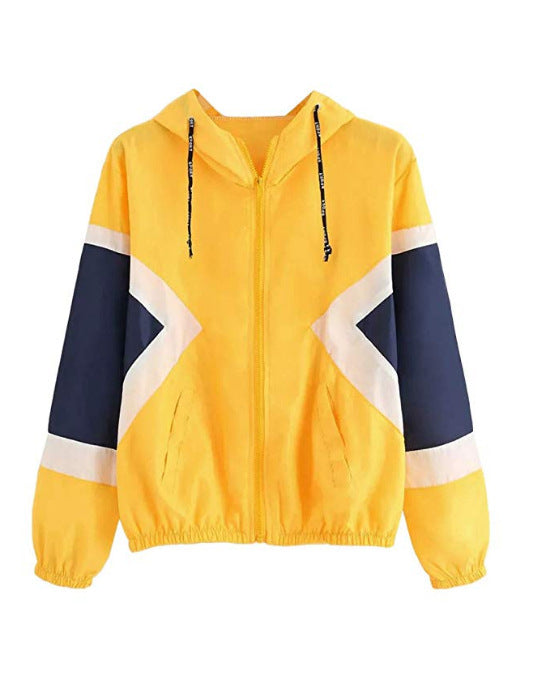 Women's Color Block Elastic Band Waist Hooded Jacket