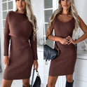 2pcs Suit Women's Solid Stripe Long-sleeved Top And Tight Suspender Skirt Fashion Autumn Winter Slim Clothing