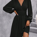 Diagonal Collar Lantern Sleeve Pleated Waist Dress