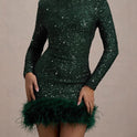 Women's Long Sleeve Sequined Feather Dress Round Neck