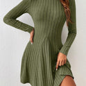 Half Turtleneck Solid Color Rib Fabric Long Sleeve Dress Women