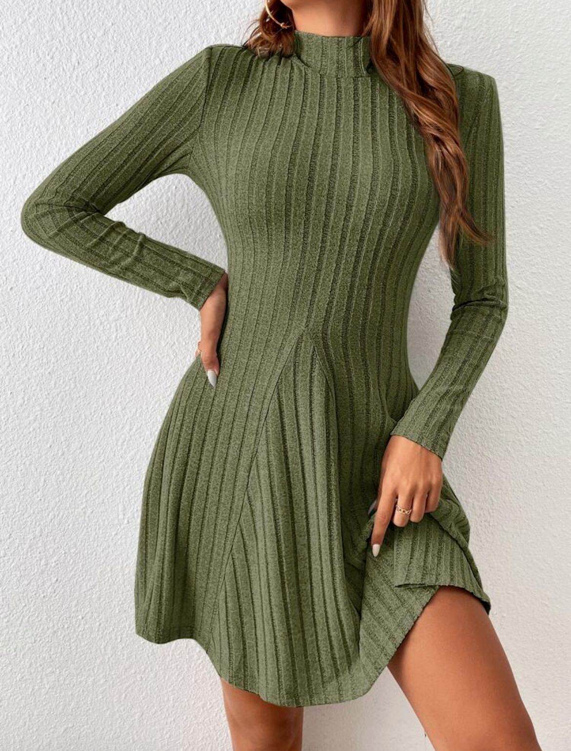 Half Turtleneck Solid Color Rib Fabric Long Sleeve Dress Women