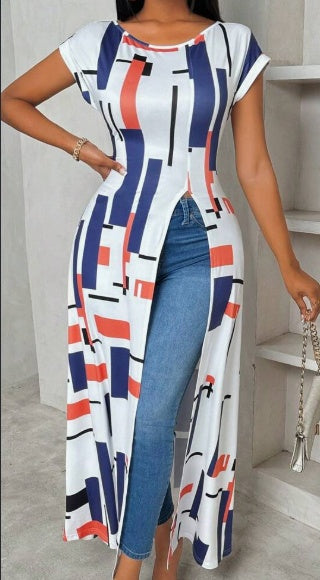 Women's Casual Geometric Print High Slit Maxi T-Shirt, Summer