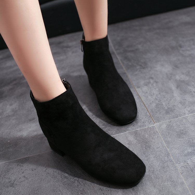 Medium Heel Thick Heel Simple Korean Style Suede Women's Short Boots Ladies Martin Boots