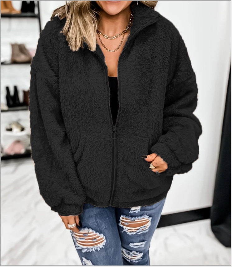 New Women's Solid Color Plush Zipper Loose Cardigan