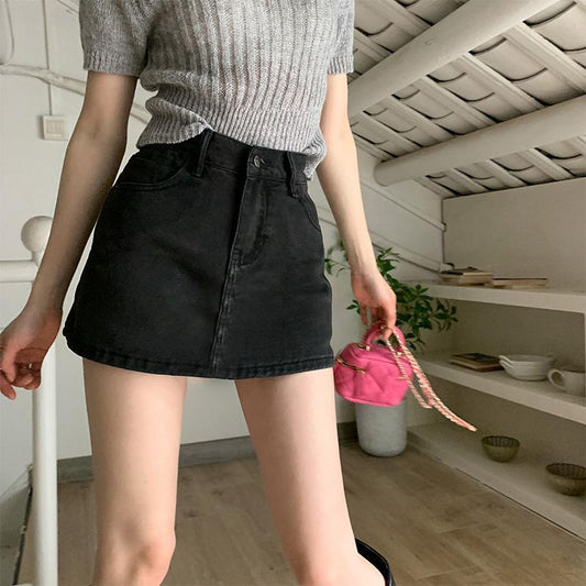 Denim Skirt Women's Black All-match High Waist A- Line Sheath Skirt