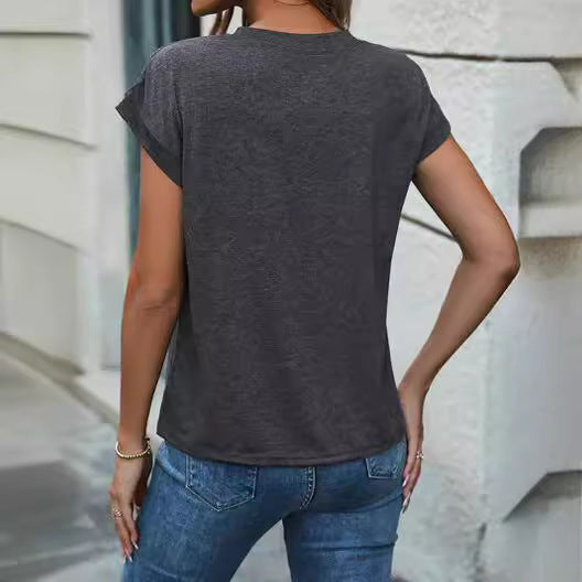 Camiseta informal de manga corta con botones para mujer