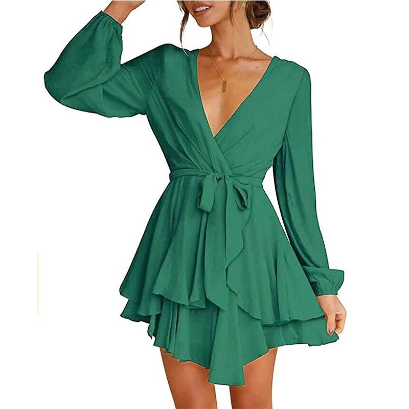 Women's Clothing High Waist V-neck Cross Tied Long Sleeves Dress Pure Color Slimming