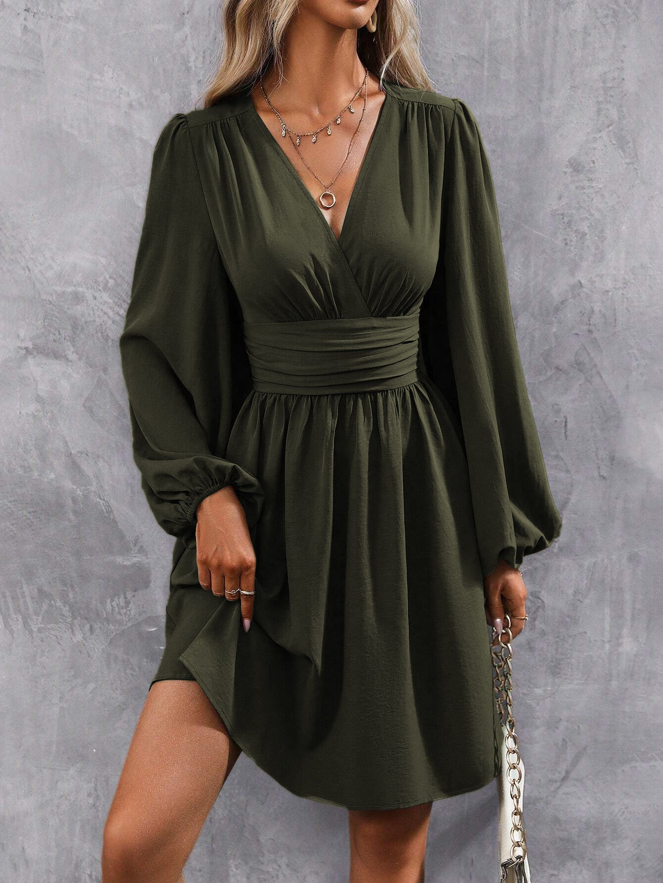 Diagonal Collar Lantern Sleeve Pleated Waist Dress