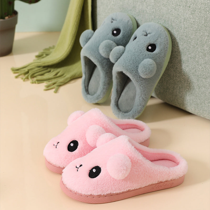 Cute Cartoon Cotton Slippers For Women Winter Warm Indoor Non-slip Thick-soled Home Slippers Furry Plush House Shoes