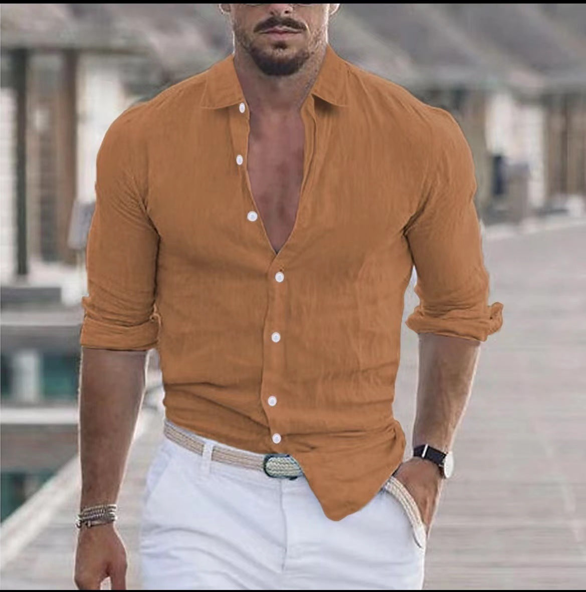 Men's Linen Shirt Button Shirt Beach Shirt Solid Color