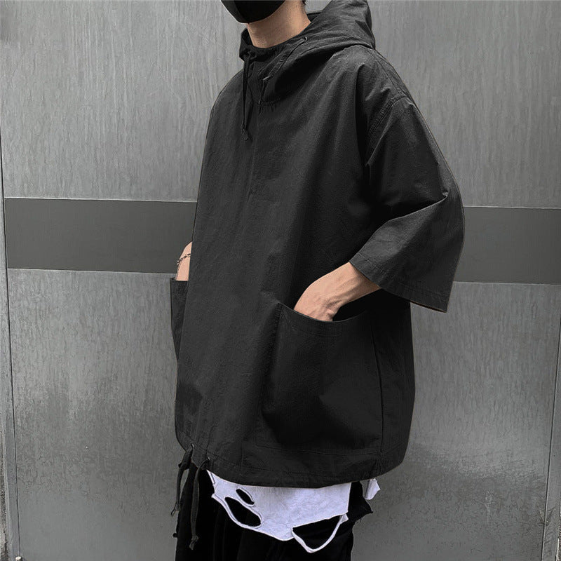 Men's Hong Kong Style Loose Hooded Half Sleeve T-shirt