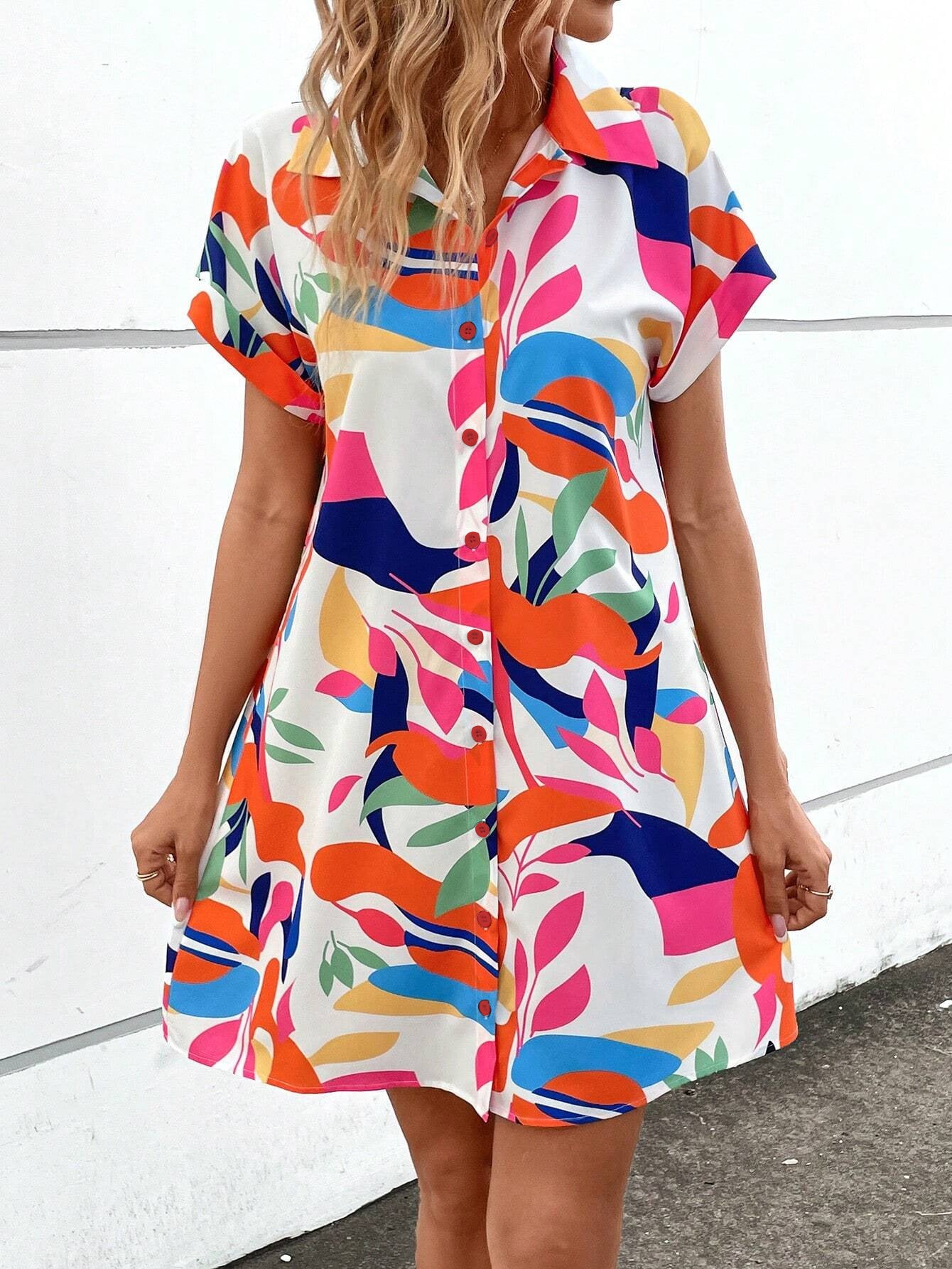 Colorful Floral Printed Cardigan, Short Sleeved Lining Dress