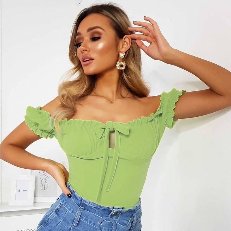 Explosive solid color one-line collar ruffled short-sleeved one-piece