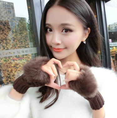 Autumn and winter warm thickening ladies gloves Korean rabbit hair cute half finger gloves wool knit gloves