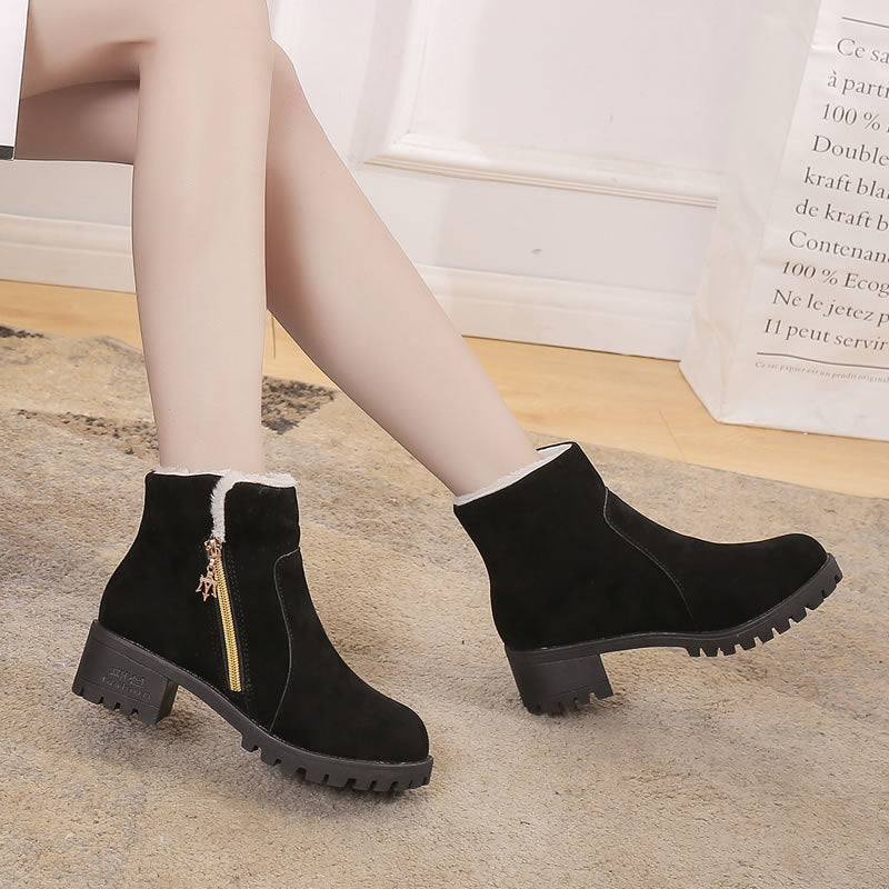 New round toe thick heel suede women's short boots