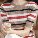 Color Matching Hollow Out Half Sleeve Loose Striped Top