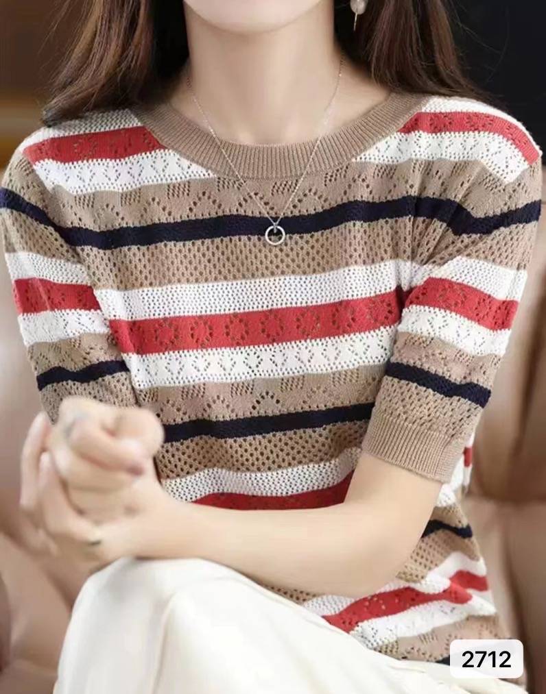 Color Matching Hollow Out Half Sleeve Loose Striped Top