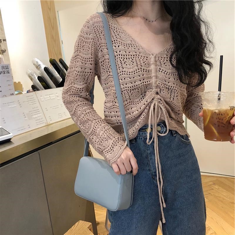 Women's V-neck Long Sleeve Top Loose Hollow Sweater