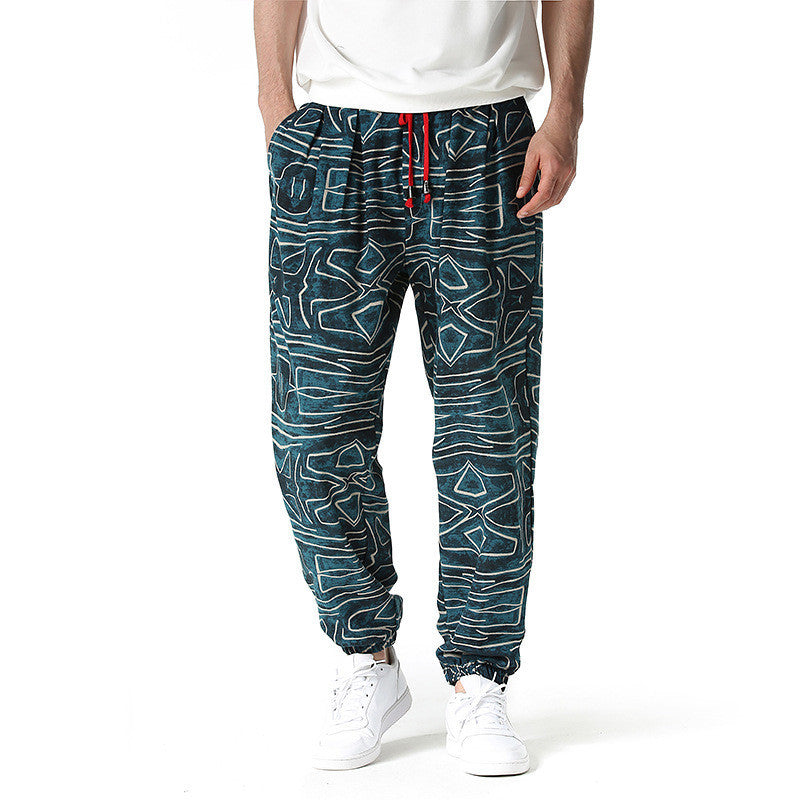 Men's Cotton And Linen Print Pencil Pants