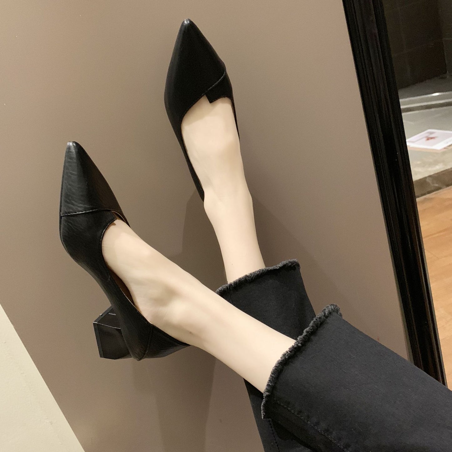 Chunky Heel Low-cut High Heel Pumps Women Pointed Toe