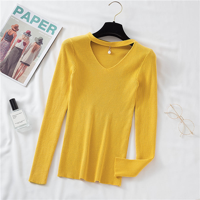 Autumn And Winter New V-neck Long-sleeved T-shirt Women Slim Slim Fashion