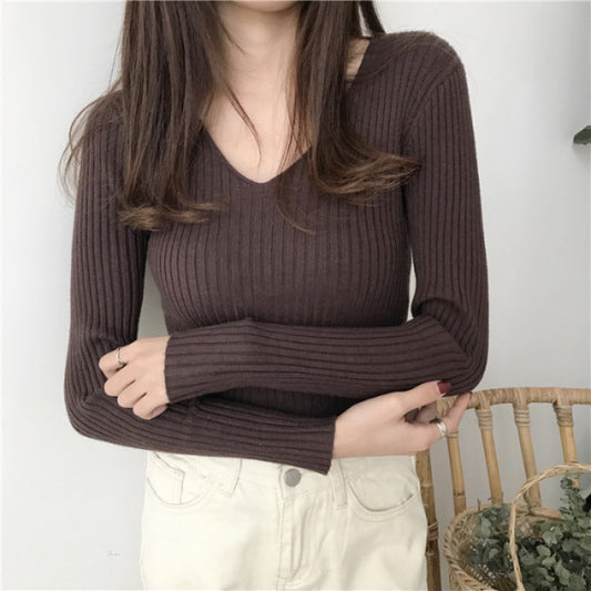 V-neck knitted long sleeve slim warm cardigan sweater