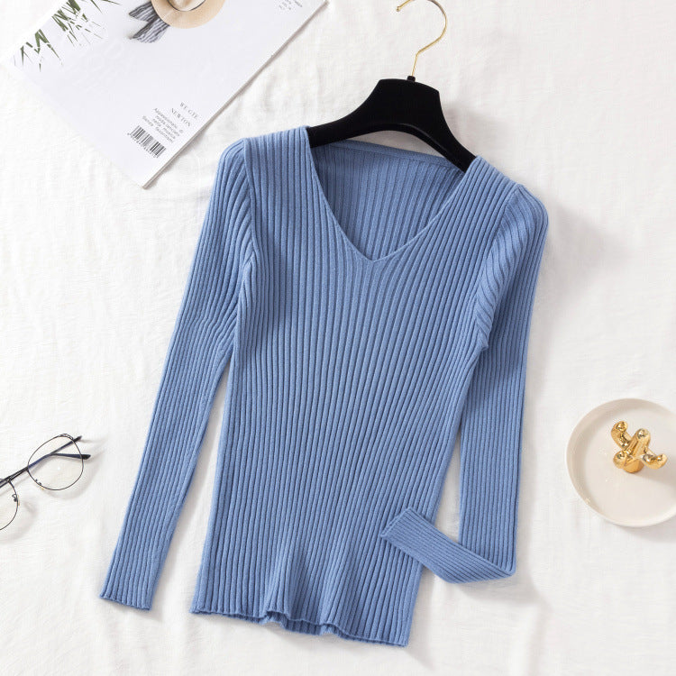 New V-neck Long Sleeve Base Knitting Autumn All-matching Slim Fit Tight Pullover Sweater