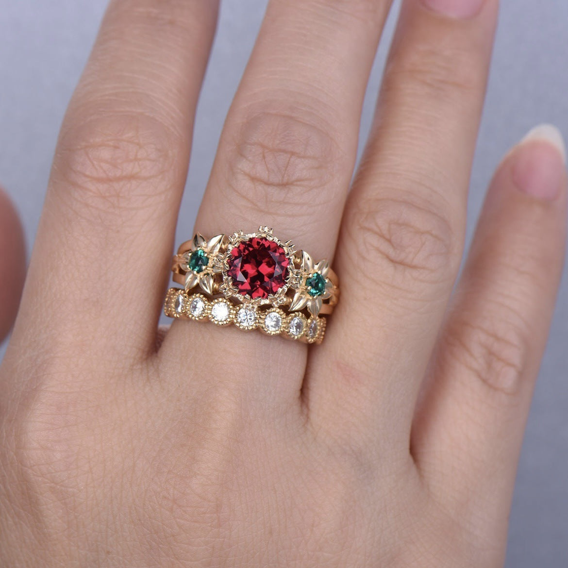 Flower Ring Gold-plated Inlaid Red