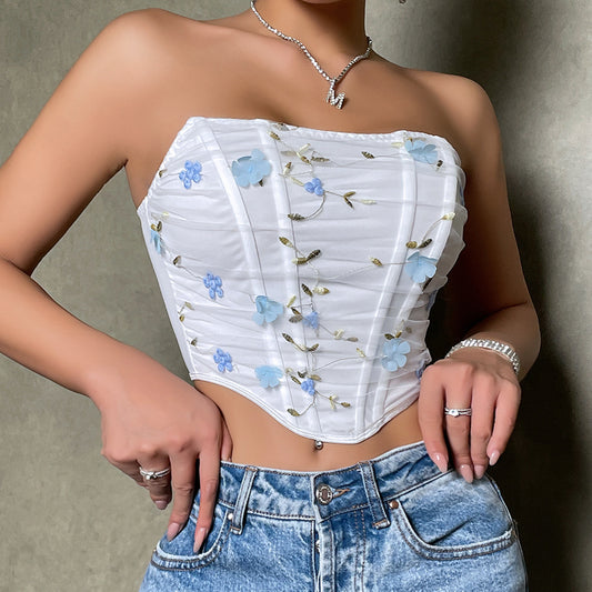 Flower Embroidery Fishbone Short Mesh Outer Wear Tube Top