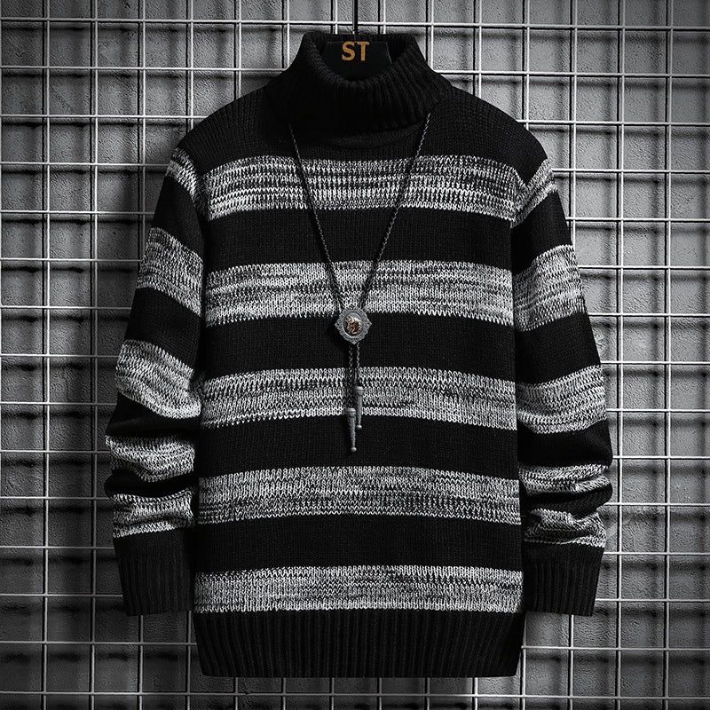 High-neck Men's Autumn And Winter Long-sleeved Trendy Slim Striped Sweater