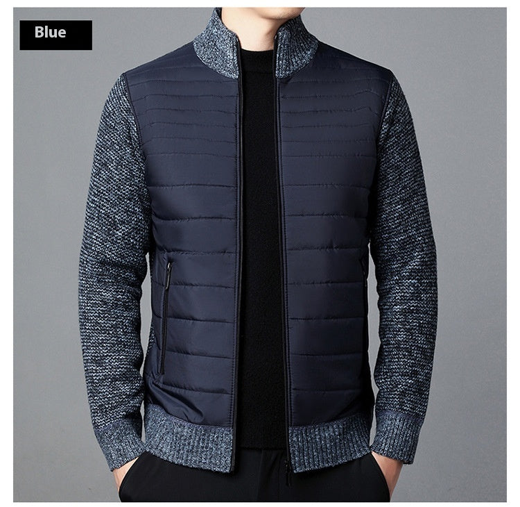 Men's Stand Collar Stitching Velvet Padded Sweater Knitwear Coat