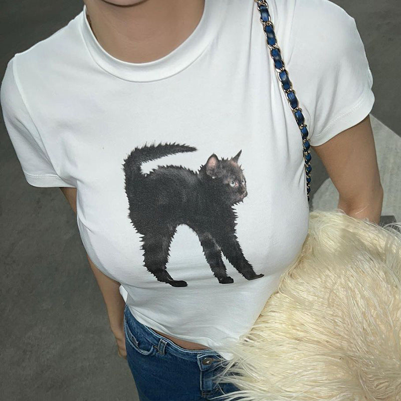 Camiseta de manga corta con estampado de gato de pelo frito americano