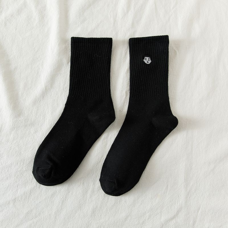 Black Solid Color Simple Couple Socks In Autumn