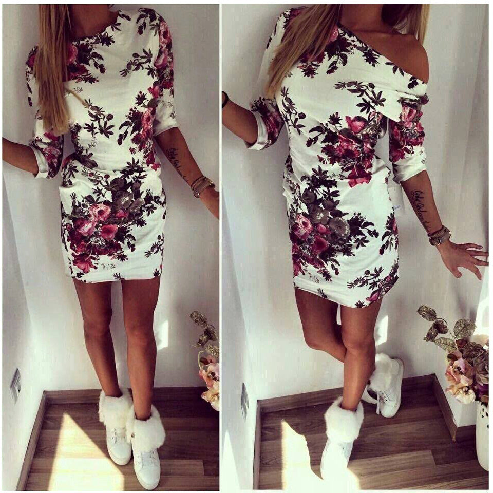 Personalized Printed Loose Slanted Shoulder Mini Dress