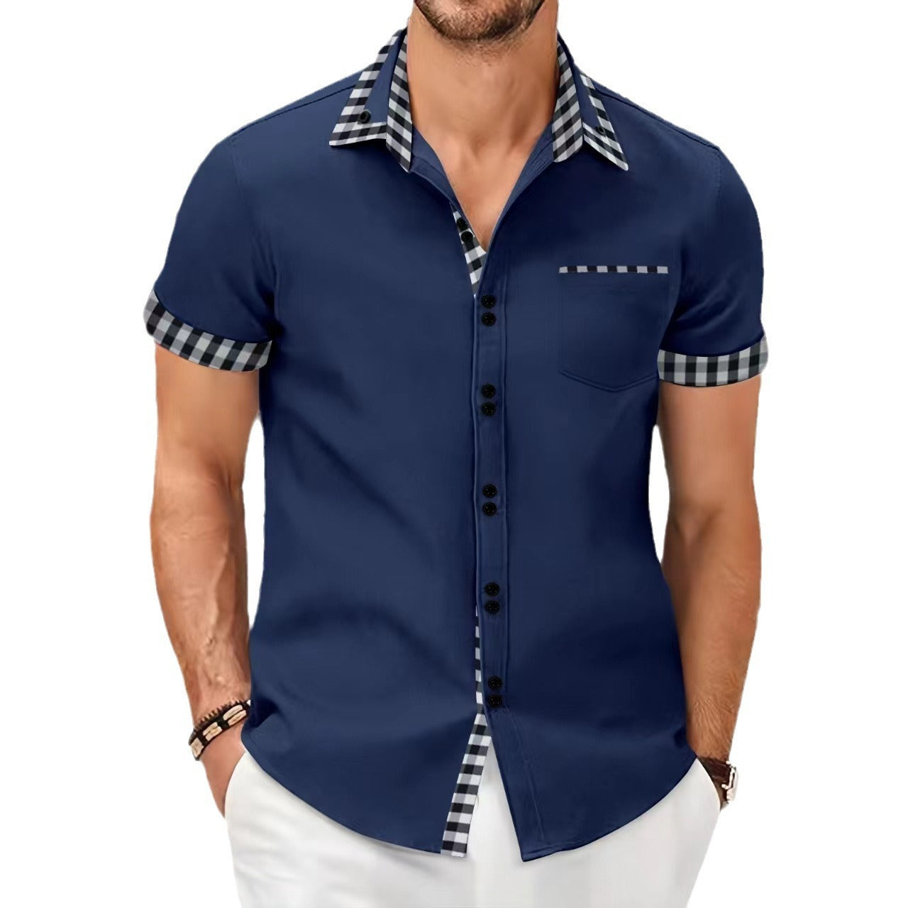 Men's Shirt Casual Pocket Stitching Contrast Color Top